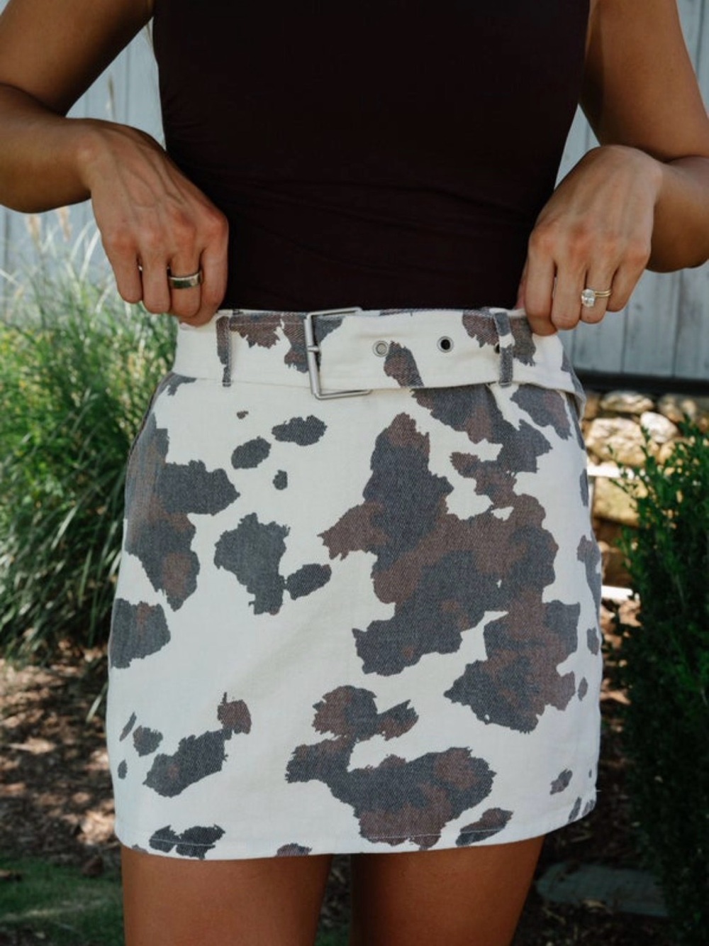 Cowprint Belted Mini Skirt in White and Brown